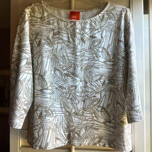 3/4-Sleeve Neutral Patterned Top, Cream and Taupe with Golden and Wooden Beads